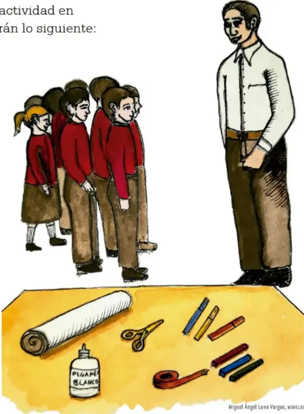 Ilustración de un docente frente a un grupo de estudiantes; abajo, sobre una mesa, se ven un rotafolio, tijeras, marcadores, pegamento y listón rojo.
