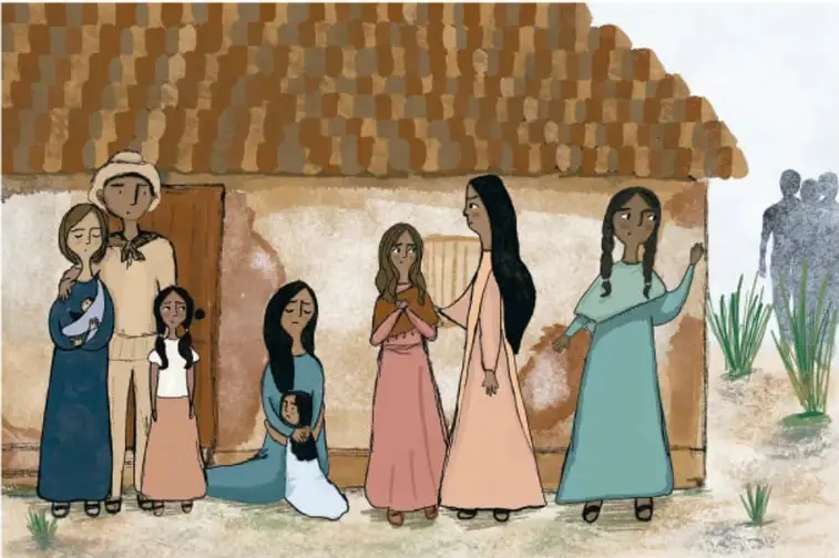 Ilustración de una familia afrodescendiente frente a una casa de adobe; al fondo, siluetas de personas.