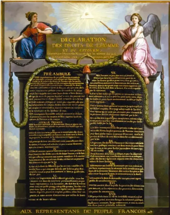 Reproducción de la Declaración de los Derechos del Hombre y del Ciudadano de 1789, con figuras alegóricas de la libertad y la razón.