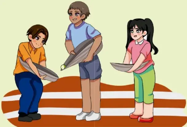 Ilustración de tres niños sosteniendo pencas de palma, con una pelota, sobre una cancha.