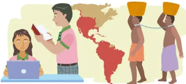 Ilustración de estudiantes con laptop y libros frente a un mapa de América; a la derecha, personas africanas cargando canastas, representando la población esclavizada. Crédito: Herenia González Zúñiga, Ciudad de México.