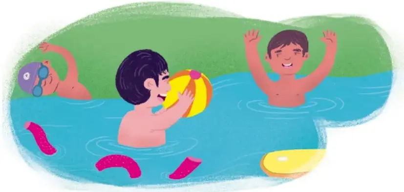 Ilustración de tres niños nadando y jugando con un balón de playa en una alberca, con gafas, flotadores y juguetes en el agua.