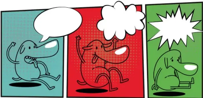 Tres viñetas de colores (azul, rojo, verde) con un perro personaje; la primera tiene un globo de diálogo, la segunda un globo de pensamiento y la tercera una explosión de texto.