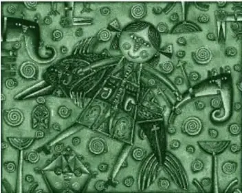 Reproducción de la pintura al óleo La niña y el delfín (2017) de Fernando Andriacci: niña sonriente de cuerpo entero con brazos extendidos, un delfín a su espalda y fondo azul decorado con caracoles, semicírculos, cruces, triángulos, elefantes y aves estilizadas.