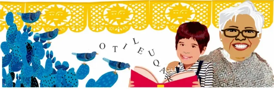 Ilustración de Raymundo Gutiérrez González (Tlaxcala) con papel picado amarillo, cactus azules con pájaros, letras dispersas (QUILTER/O) y una abuela de cabello blanco con lentes leyendo un libro rojo con una niña.