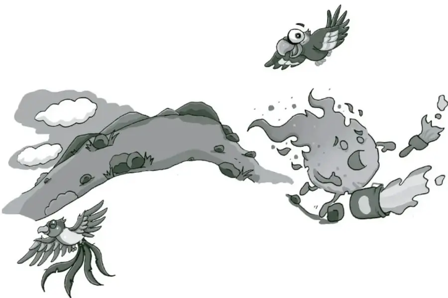 Ilustración de un ave pequeña volando junto a una figura redonda con rasgos faciales y extremidades, en estilo de caricatura.