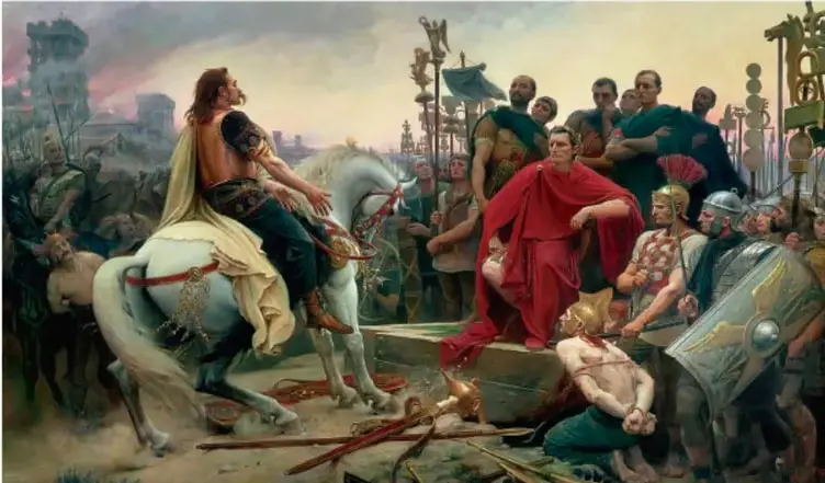 Pintura que representa a un líder bárbaro a caballo frente a un gobernante romano con túnica roja, rodeados de soldados y estandartes.