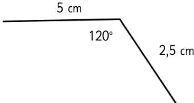 Triángulo con lados de 5 cm, 2,5 cm y ángulo de 120°.