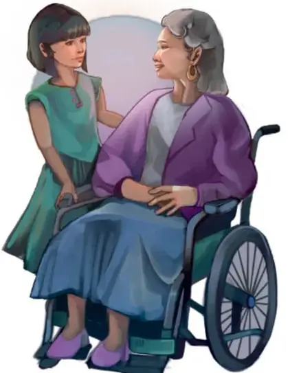Ilustración de una niña con vestido verde conversando con su abuela, quien usa silla de ruedas y traje morado; ambas se miran con cariño. Firma vertical: Abigail Godoy Araujo, Querétaro.