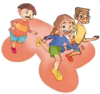 Tres niñas y niños corren jugando sobre una mancha coral. Ilustración de Alejandra Solís Sandoval, San Luis Potosí.