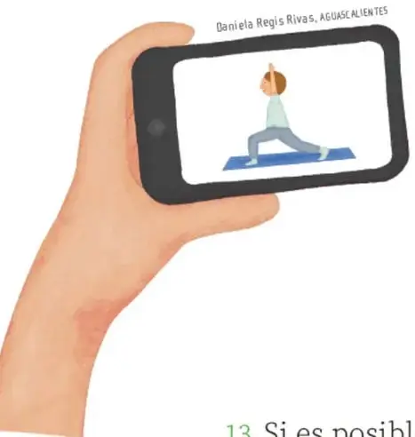 Mano sosteniendo un teléfono que muestra una persona haciendo una postura de yoga (estilo ilustración de Daniela Regis Rivas, Aguascalientes).