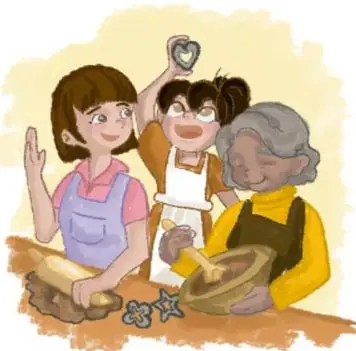 Ilustración de tres mujeres de distintas edades (joven, niña y adulta mayor) cocinando y amasando pan en una cocina.