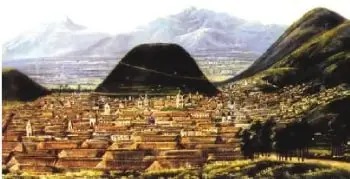 Pintura de Quito realizada por Rafael Salas en 1889, que muestra el paisaje urbano de la ciudad a comienzos del siglo XIX.