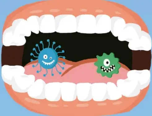 Boca abierta con dientes blancos y dos bacterias caricaturizadas (una azul y una verde) sobre la lengua rosada.