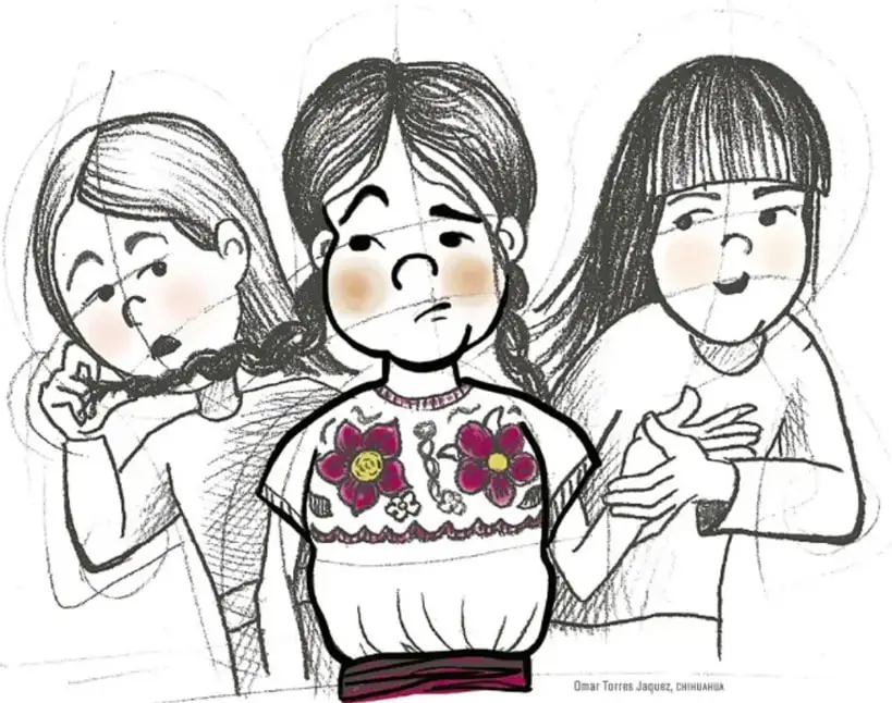 Ilustración de tres niñas: al centro Agripina, con blusa bordada con flores y falda roja, expresión triste; a los lados, dos niñas que se ríen y señalan, representando la burla y exclusión.