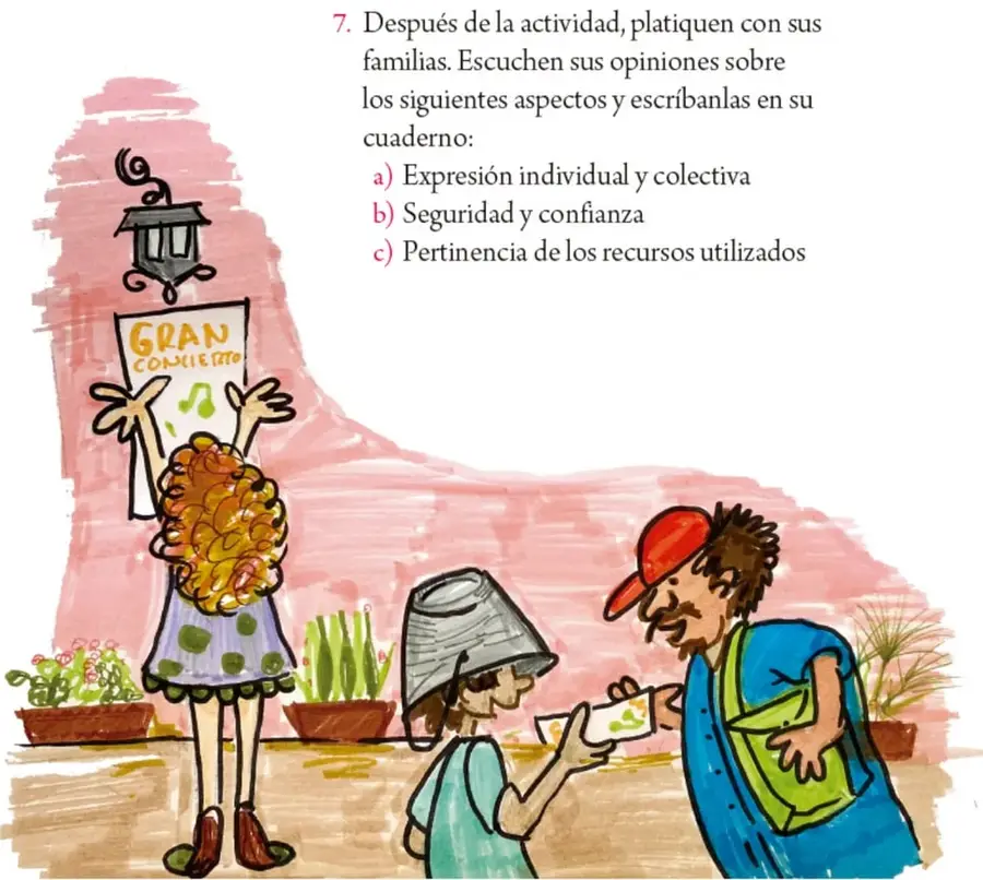 Ilustración de una niña sosteniendo un cartel que dice "Gran concierto", un niño con un cubo metálico en la cabeza y un adulto con gorra roja y bolsa verde, en un espacio con macetas.