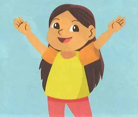 Ilustración de una niña sonriente con los brazos levantados.