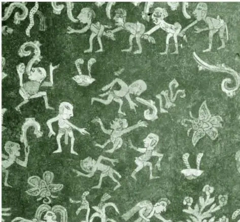 Detalle de un mural de tradición teotihuacana en tonos verdes y crema: figuras humanas pequeñas en actitudes diversas entre plantas, flores, aves y gajos de fruto, al estilo de los fragmentos pictóricos que Domitsu observa en el museo.