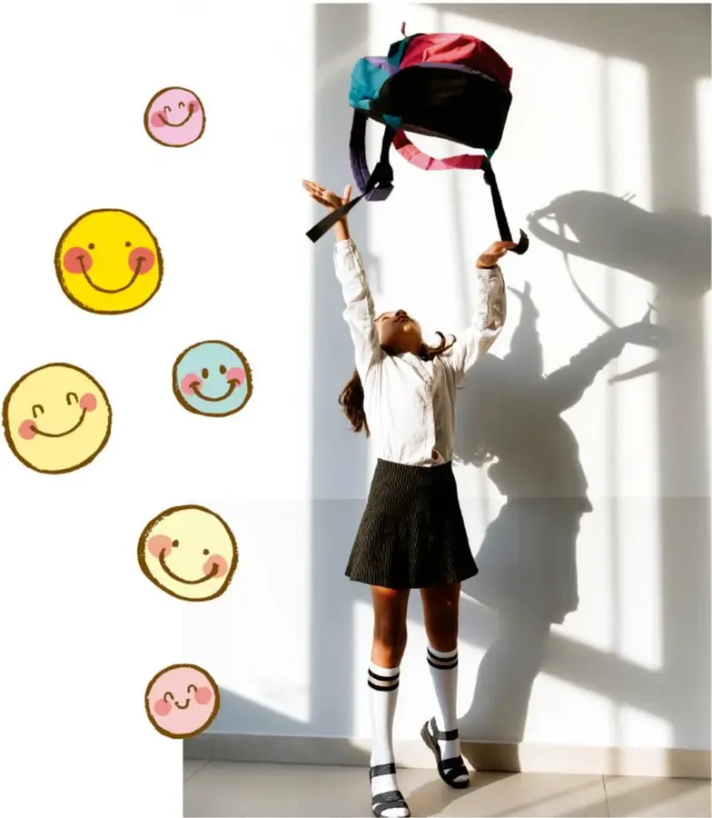 Niña con uniforme escolar levanta una mochila multicolor con ambos brazos; su sombra se proyecta en la pared.