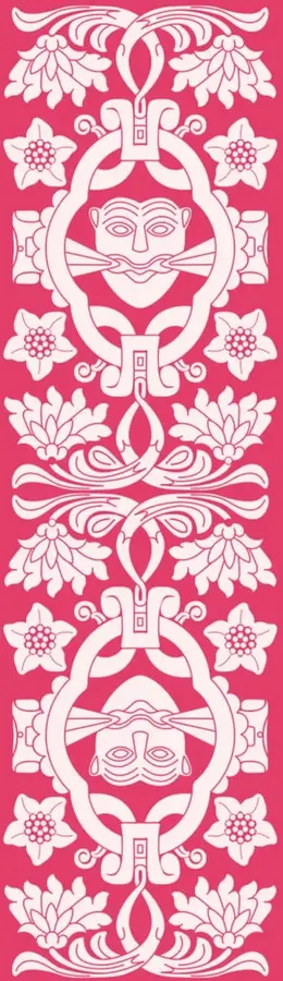 Ilustración decorativa en blanco sobre fondo rosa con motivos florales y dos rostros humanos estilizados enmarcados en óvalos, de estilo inspirado en arte popular mexicano.