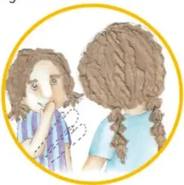 Ilustración circular de dos niñas conversando, correspondiente al paso 3: compartir necesidades con alguien de confianza. Crédito: Paola Ivonne Cruz Vázquez, Estado de México.