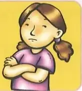 Ilustración de Carla con los brazos cruzados, acompañada del texto que indica que no quiere trabajar en grupo.