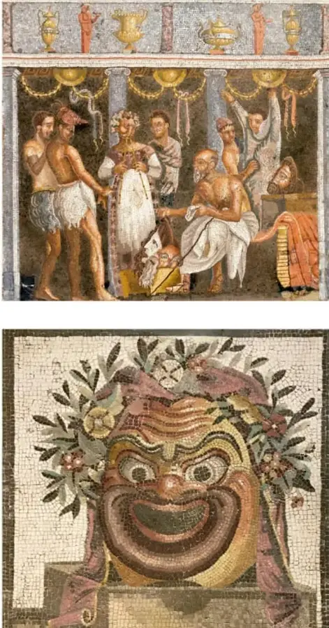 Mosaico romano que representa una escena teatral con actores y máscaras.