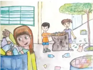 Ilustración de niños clasificando residuos y reciclando en un patio; representa la decisión conjunta sobre procedimientos. Crédito: Nina Guzmán García, Estado de México.
