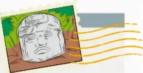Ilustración de una cabeza tallada en piedra de estilo maya sobre fondo verde, junto a líneas decorativas amarillas.