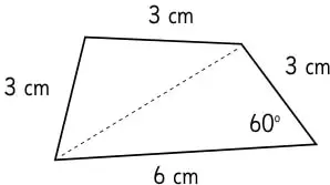 Triángulo con base de 6 cm, ángulo de 60° y lado de 3 cm.