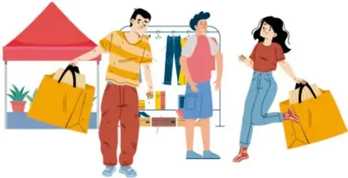 La familia sale feliz con bolsas de compra del mercado.
