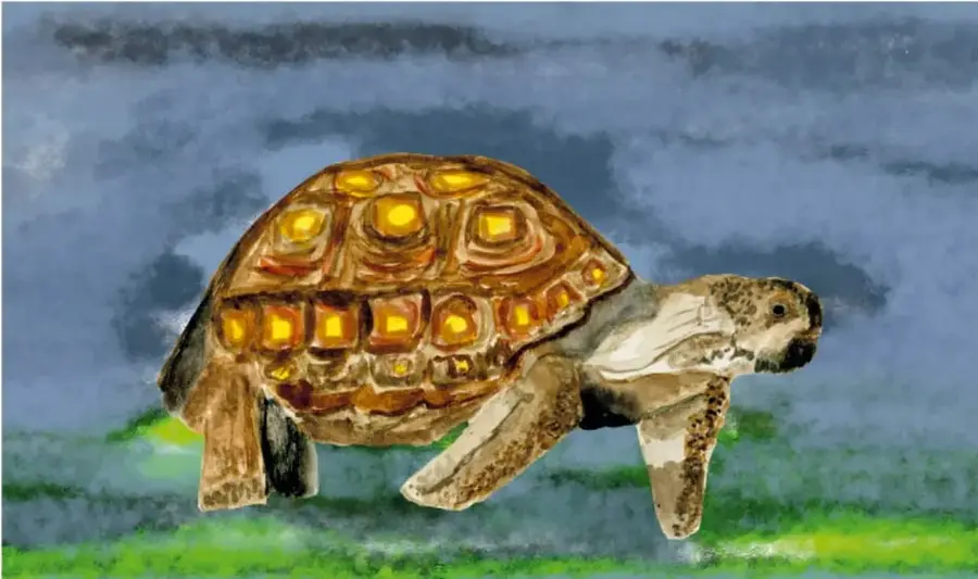 Ilustración grande de una tortuga del desierto caminando sobre pasto verde bajo un cielo azul con nubes.