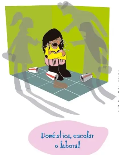 Ilustración de una niña llorando y encogida, rodeada de siluetas grises de personas que la amenazan, en un ambiente verde con latas tiradas; etiqueta 'Doméstica, escolar o laboral'; crédito de Ruttila Vega Rubio, Tlaxcala.