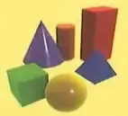 Conjunto de cuerpos geométricos de distintos colores y formas, como conos, cilindros, prismas y esferas.