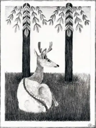 Ilustración en blanco y negro de un venado sentado entre dos árboles.