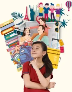 Collage con una adolescente pensativa en primer plano, rodeada de maletas, libros, fotografías, monumentos y figuras diversas de personas, alusivo a la identidad individual y colectiva.