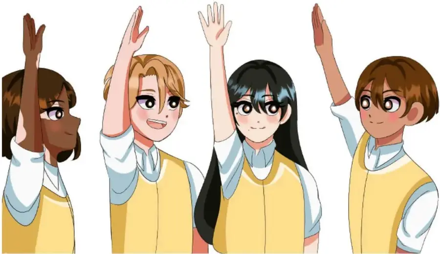 Ilustración de cuatro estudiantes levantando la mano, con uniforme amarillo y blanco.