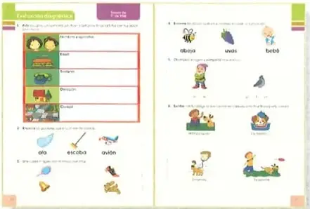Doble página que representa una evaluación diagnóstica con actividades de reconocimiento de palabras e imágenes.