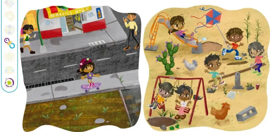 Ilustración de una calle urbana: tienda de abarrotes, niña patinando, niño con mochila, adulto con celular y una alcantarilla abierta en el pavimento.