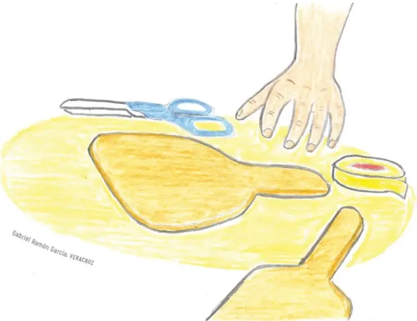 Dibujo de una mesa de color amarillo con tijeras azules, cinta adhesiva amarilla y dos raquetas de cartón, una recortada y otra por recortar; una mano alcanza las tijeras. Crédito: Gabriel Ramón García, Veracruz.