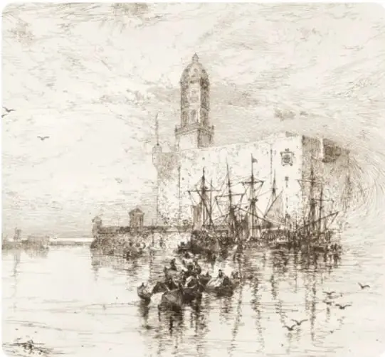 Grabado o dibujo histórico que muestra el fuerte de San Juan de Ulúa con embarcaciones de vela y una torre con campanario, en tonos sepia.