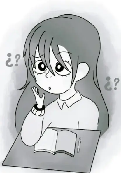 Ilustración de una niña pensativa con signos de interrogación, sentada frente a un libro abierto.