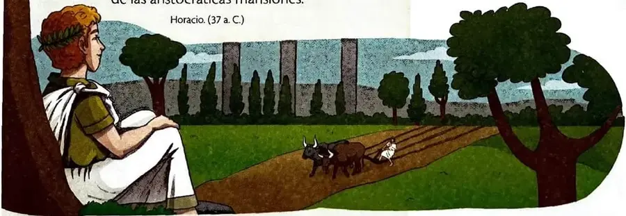 Ilustración de un hombre vestido como poeta romano, sentado bajo un árbol y observando un campo cultivado con animales.