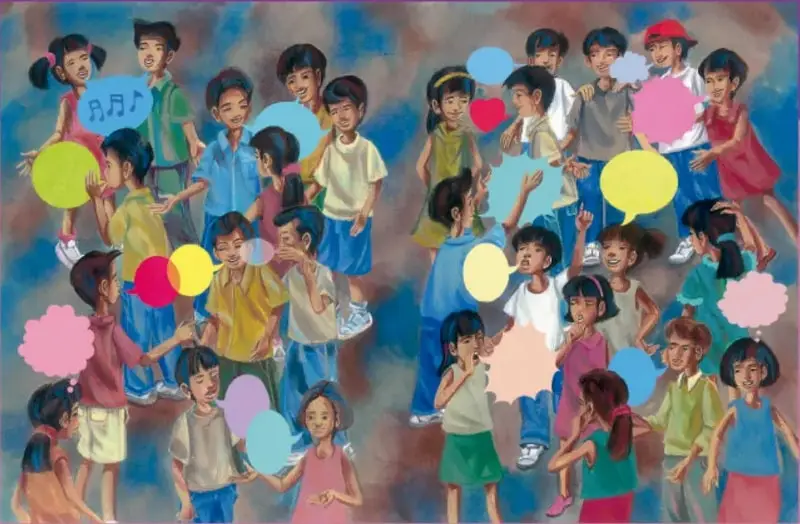 Ilustración de un grupo numeroso de niños y niñas de primaria con globos de diálogo de colores, sobre un fondo azul y morado.