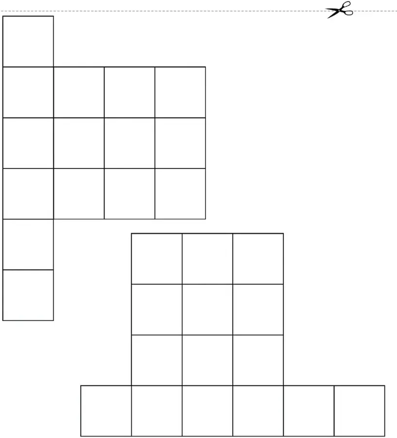 Cuadrícula recortable con una columna izquierda de 6 cuadrados, un bloque central de 3 columnas por 4 filas y un bloque inferior de 6 cuadrados en fila.