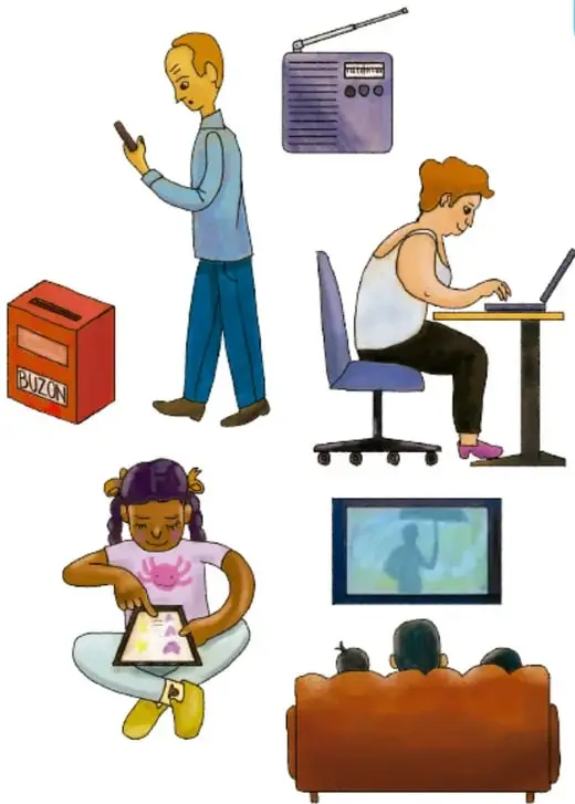 Personas usando distintos medios: un hombre con celular, una radio, una mujer en computadora, un buzón de correos, una niña con tableta y una familia viendo televisión en el sofá.