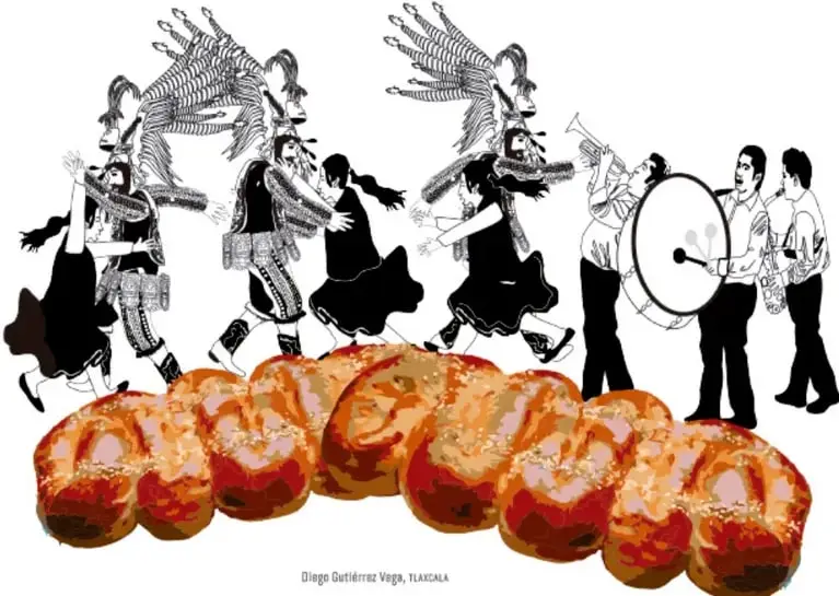 Ilustración en blanco y negro de danzantes con penachos y músicos con tambor y trompeta, acompañados de una hilera de panes tradicionales mexicanos coloridos; al pie dice 'Diego Gutiérrez Vega, Tlaxcala'.