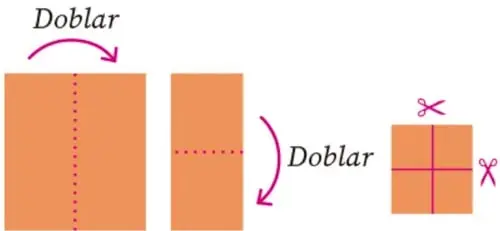 Secuencia de la hoja de papel: cuadrado con línea punteada vertical (Doblar), rectángulo con línea punteada horizontal (Doblar) y cuadrito final con cruz de líneas sólidas y tijeras.