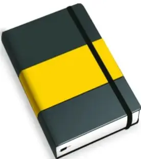 Ilustración de una bitácora: cuaderno negro con banda elástica amarilla y marcador.