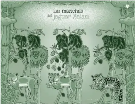 Ilustración en tonos verdes titulada 'Las manchas del jaguar Balam': selva con jaguares y monos, correspondiente a las páginas 8-9 del libro del alumno.